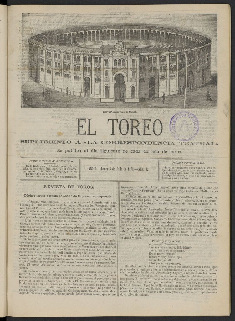 Miniatura de El Toreo: suplemento a "La Correspondencia Teatral" del 6 de julio de 1874, nº 17
