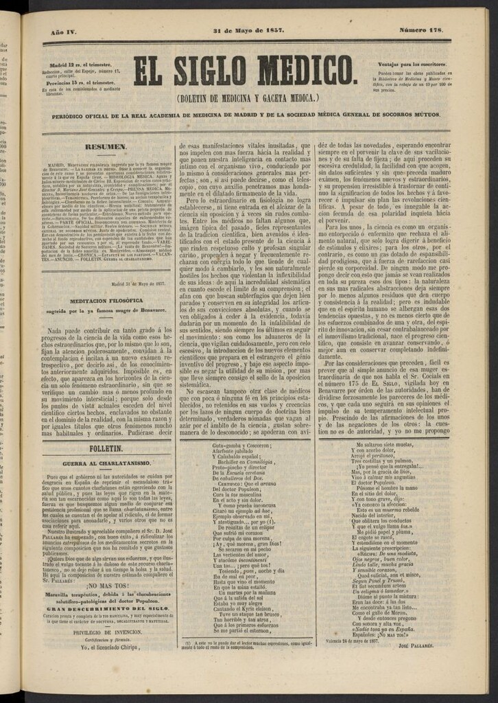 Miniatura de El Siglo Médico: boletín de medicina y gaceta médica del 31 de mayo de 1857, nº 178