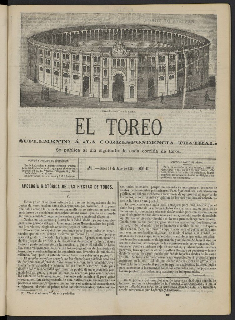 Miniatura de El Toreo: suplemento a "La Correspondencia Teatral" del 13 de julio de 1874, nº 18