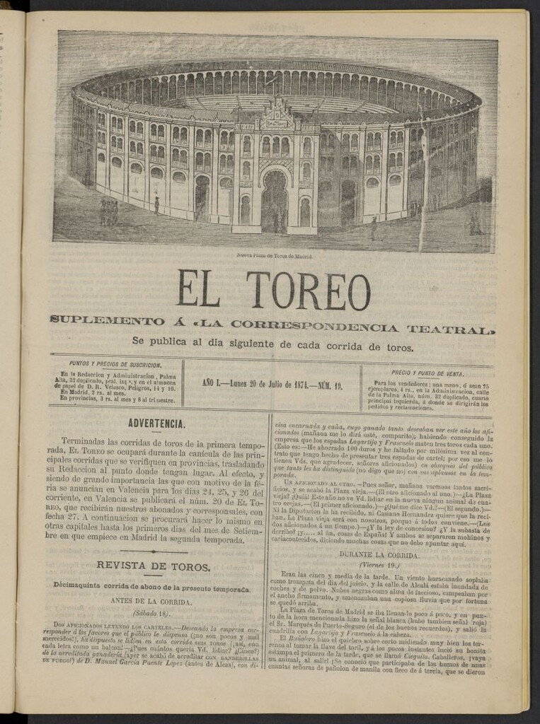 Miniatura de El Toreo: suplemento a "La Correspondencia Teatral" del 20 de julio de 1874, nº 19