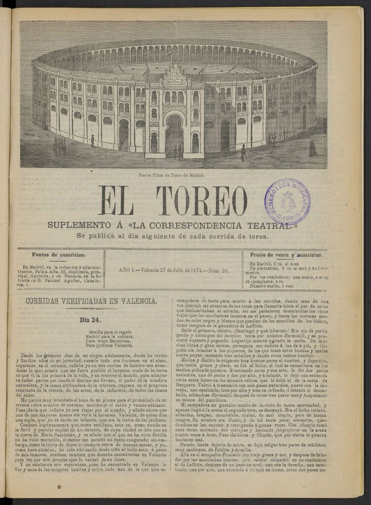 Miniatura de El Toreo: suplemento a "La Correspondencia Teatral" del 27 de julio de 1874, nº 20