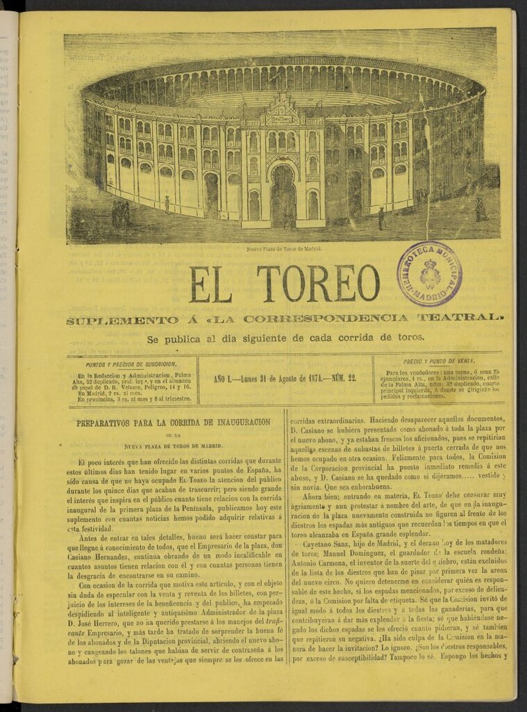 Miniatura de El Toreo: suplemento a "La Correspondencia Teatral" del 31 de agosto de 1874, nº 22