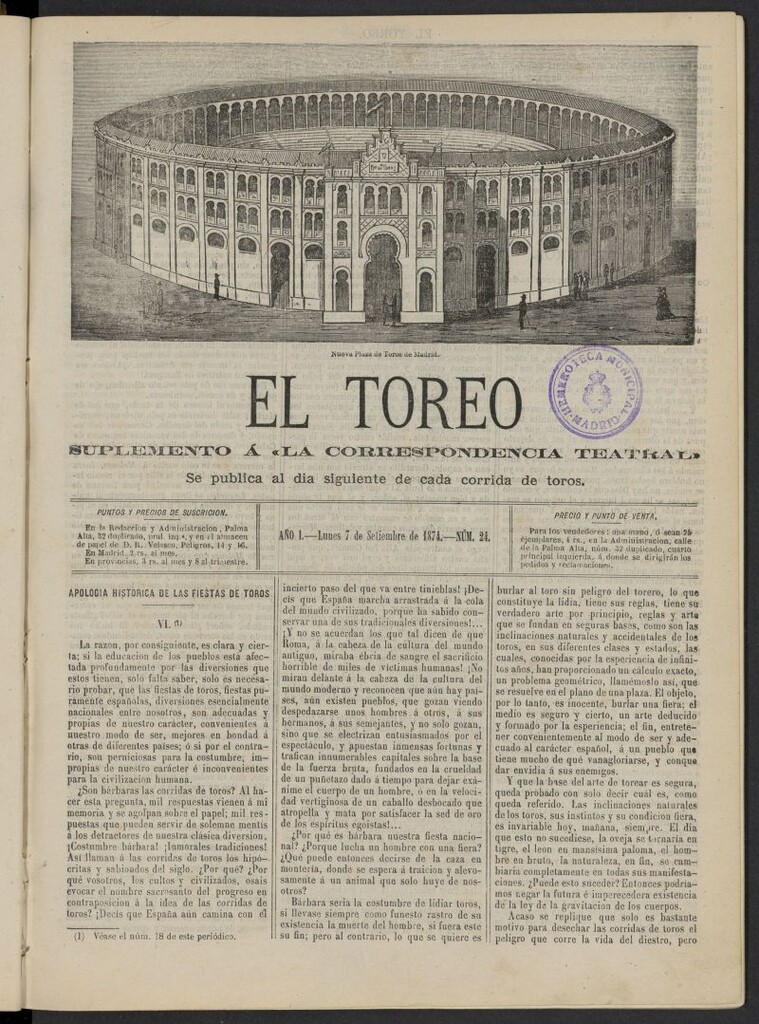 Miniatura de El Toreo: suplemento a "La Correspondencia Teatral" del 7 de septiembre de 1874, nº 24