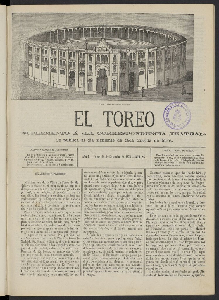 Miniatura de El Toreo: suplemento a "La Correspondencia Teatral" del 14 de septiembre de 1874, nº 26