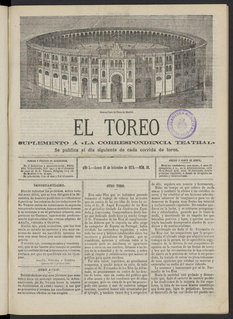 Miniatura de El Toreo: suplemento a "La Correspondencia Teatral" del 28 de septiembre de 1874, nº 28