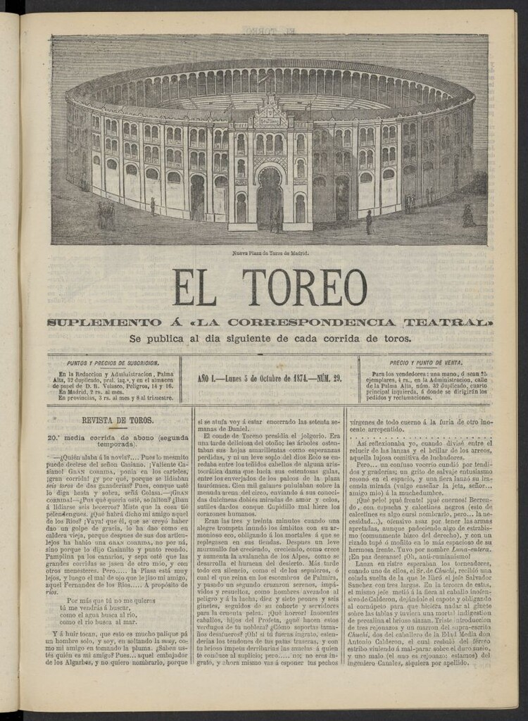 Miniatura de El Toreo: suplemento a "La Correspondencia Teatral" del 5 de octubre de 1874, nº 29