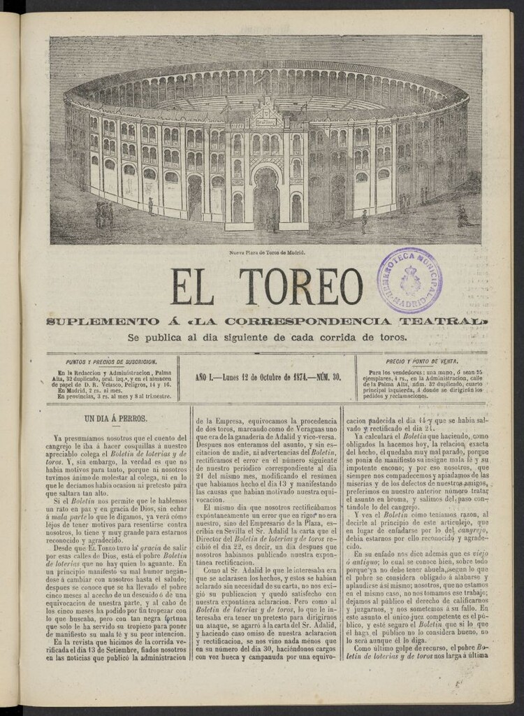 Miniatura de El Toreo: suplemento a "La Correspondencia Teatral" del 12 de octubre de 1874, nº 30