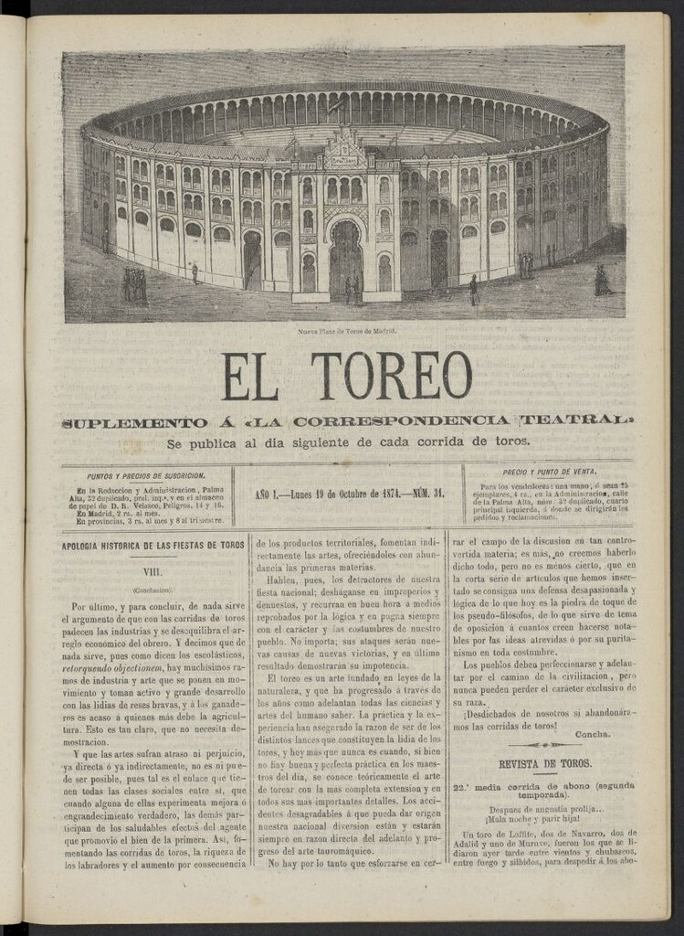 Miniatura de El Toreo: suplemento a "La Correspondencia Teatral" del 19 de octubre de 1874, nº 31