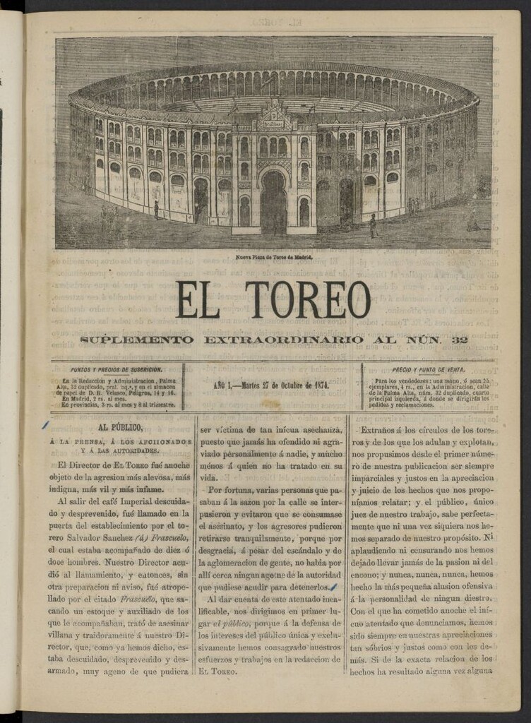 Miniatura de El Toreo: suplemento a "La Correspondencia Teatral" del 27 de octubre de 1874, suplemento al nº 32