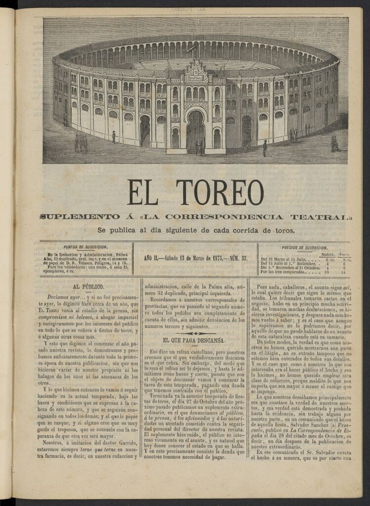 Miniatura de El Toreo: suplemento a "La Correspondencia Teatral" del 13 de marzo de 1875, nº 33