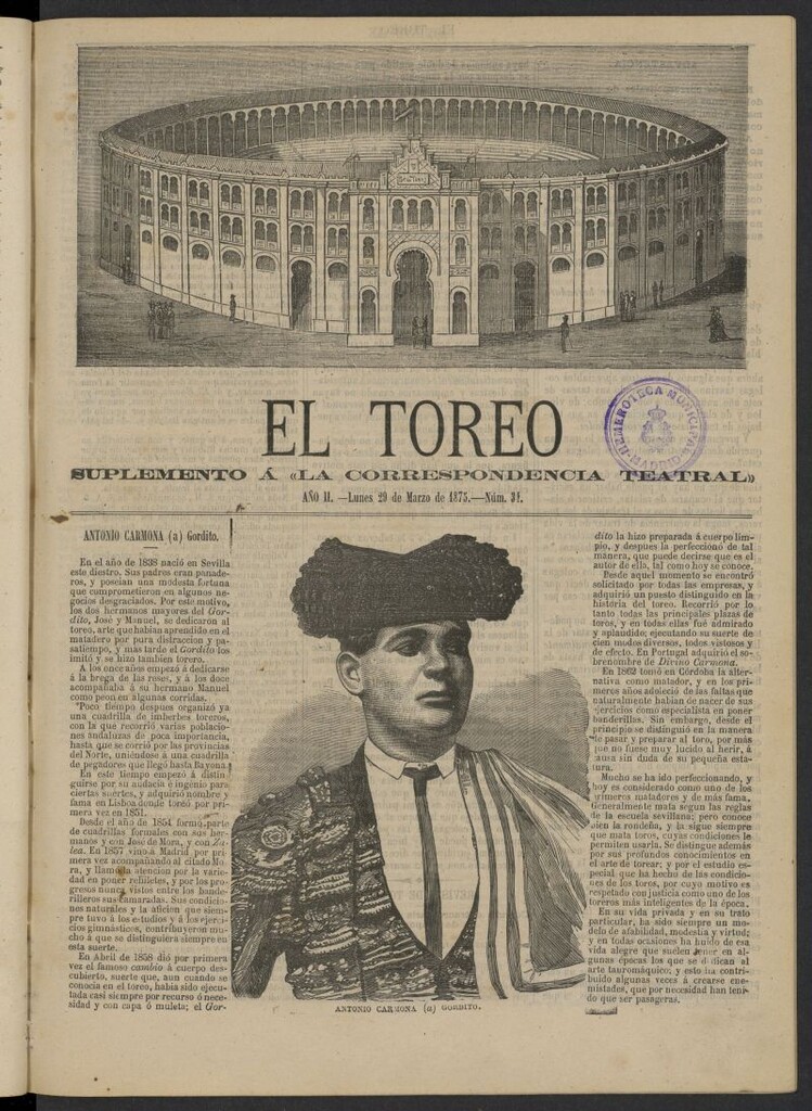 Miniatura de El Toreo: suplemento a "La Correspondencia Teatral" del 29 de marzo de 1875, nº 34
