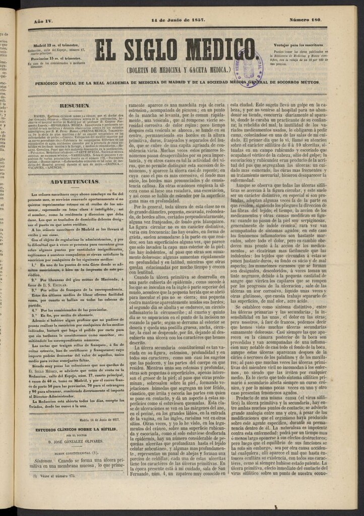Miniatura de El Siglo Médico: boletín de medicina y gaceta médica del 14 de junio de 1857, nº 180