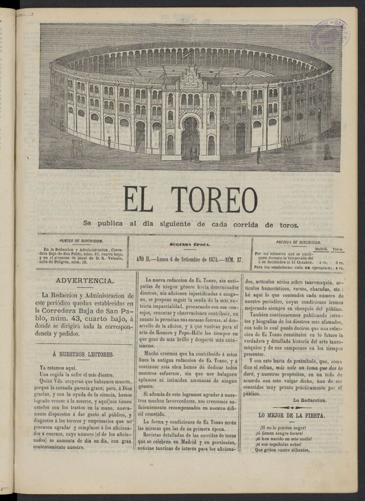 Miniatura de El Toreo: suplemento a "La Correspondencia Teatral" del 6 de septiembre de 1875, nº 37