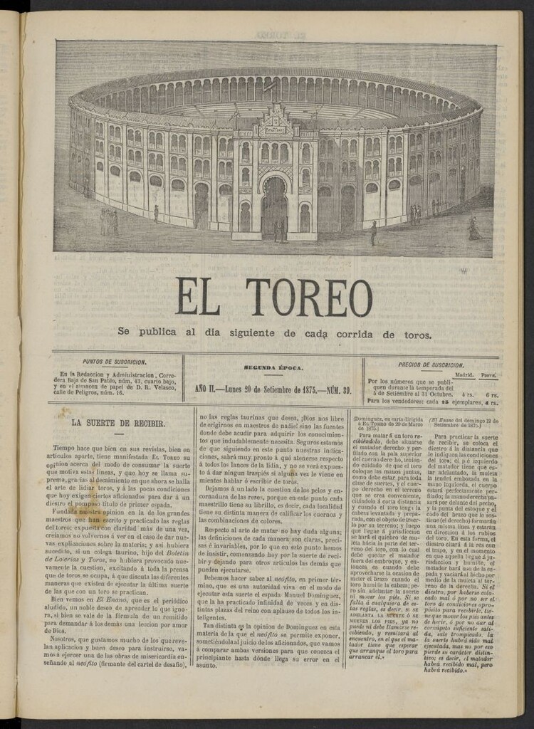 Miniatura de El Toreo: suplemento a "La Correspondencia Teatral" del 20 de septiembre de 1875, nº 39