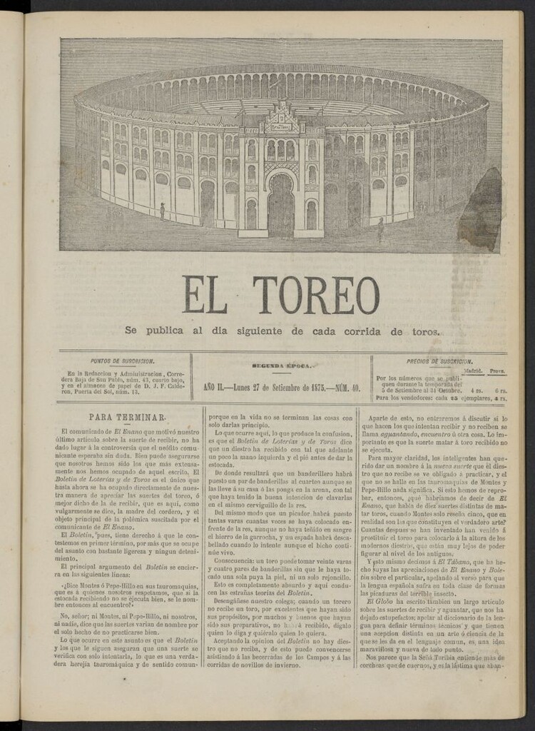 Miniatura de El Toreo: suplemento a "La Correspondencia Teatral" del 27 de septiembre de 1875, nº 40