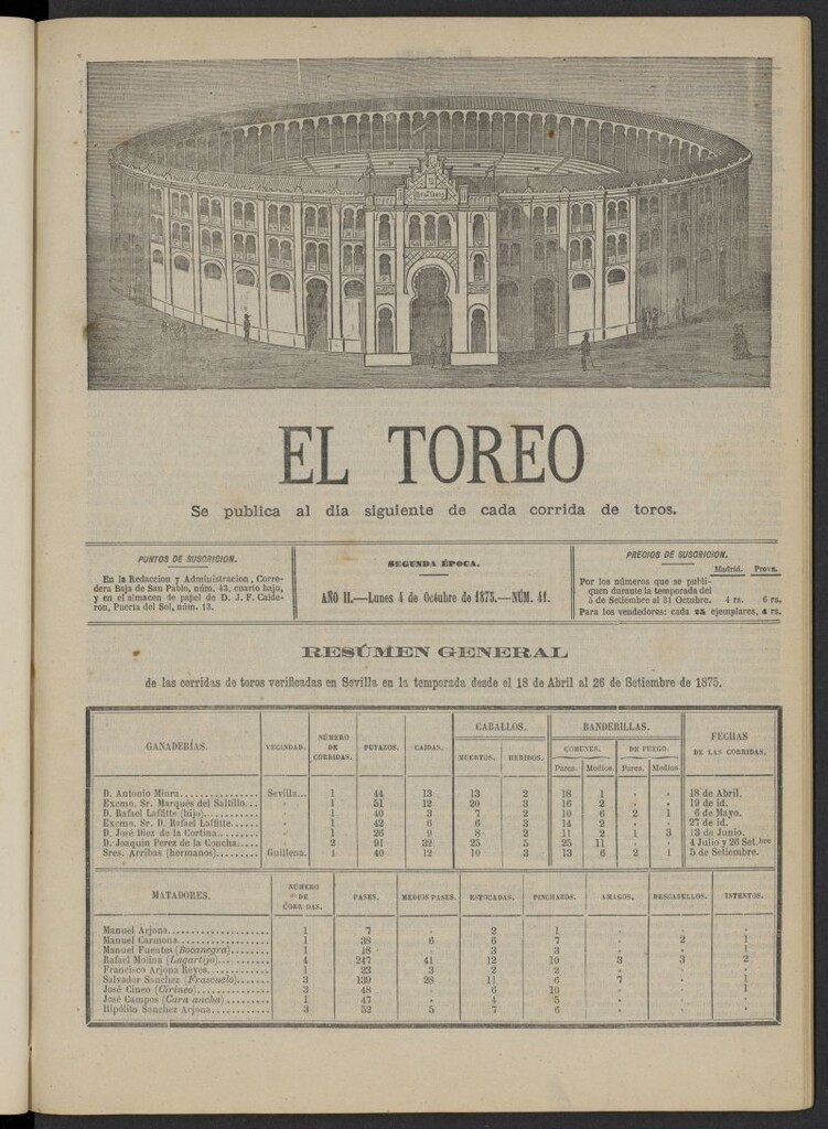 Miniatura de El Toreo: suplemento a "La Correspondencia Teatral" del 4 de octubre de 1875, nº 41