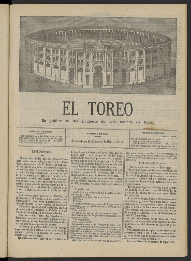 Miniatura de El Toreo: suplemento a "La Correspondencia Teatral" del 11 de octubre de 1875, nº 42