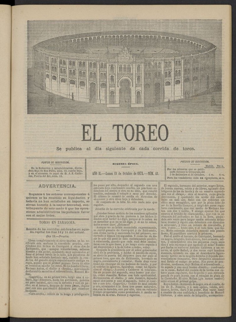 Miniatura de El Toreo: suplemento a "La Correspondencia Teatral" del 18 de octubre de 1875, nº 43
