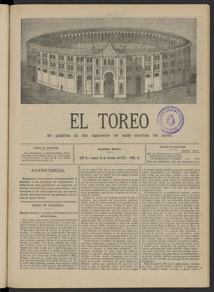 Miniatura de El Toreo: suplemento a "La Correspondencia Teatral" del 25 de octubre de 1875, nº 44
