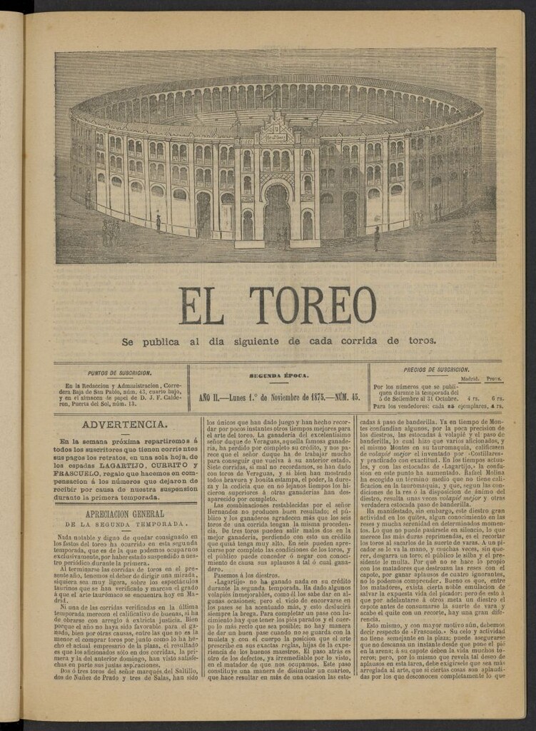 Miniatura de El Toreo: suplemento a "La Correspondencia Teatral" del 1 de noviembre de 1875, nº 45
