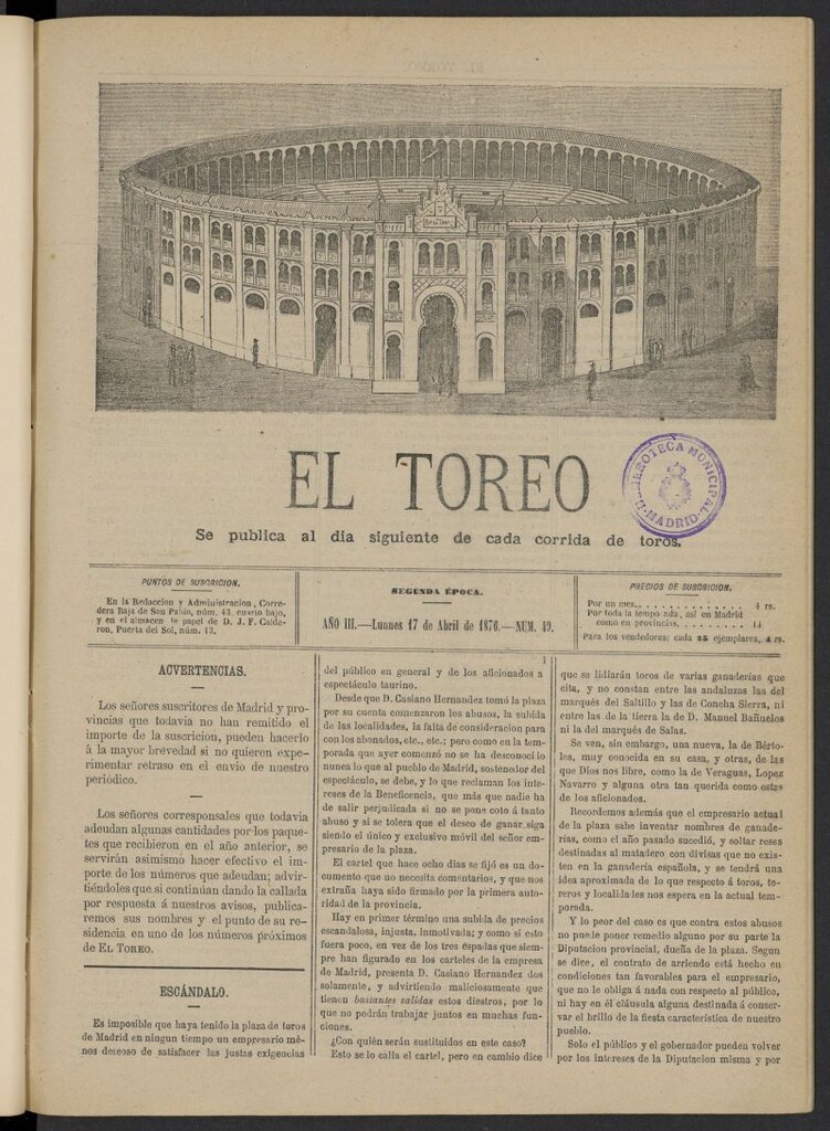 Miniatura de El Toreo: suplemento a "La Correspondencia Teatral" del 17 de abril de 1876, nº 49