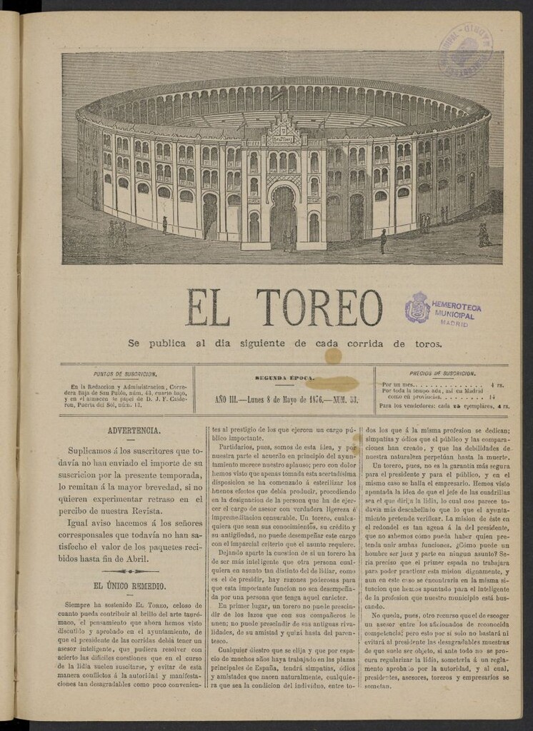Miniatura de El Toreo: suplemento a "La Correspondencia Teatral" del 8 de mayo de 1876, nº 53