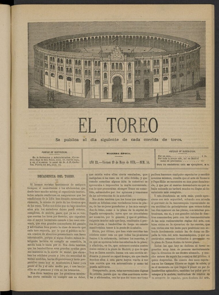 Miniatura de El Toreo: suplemento a "La Correspondencia Teatral" del 19 de mayo de 1876, nº 54