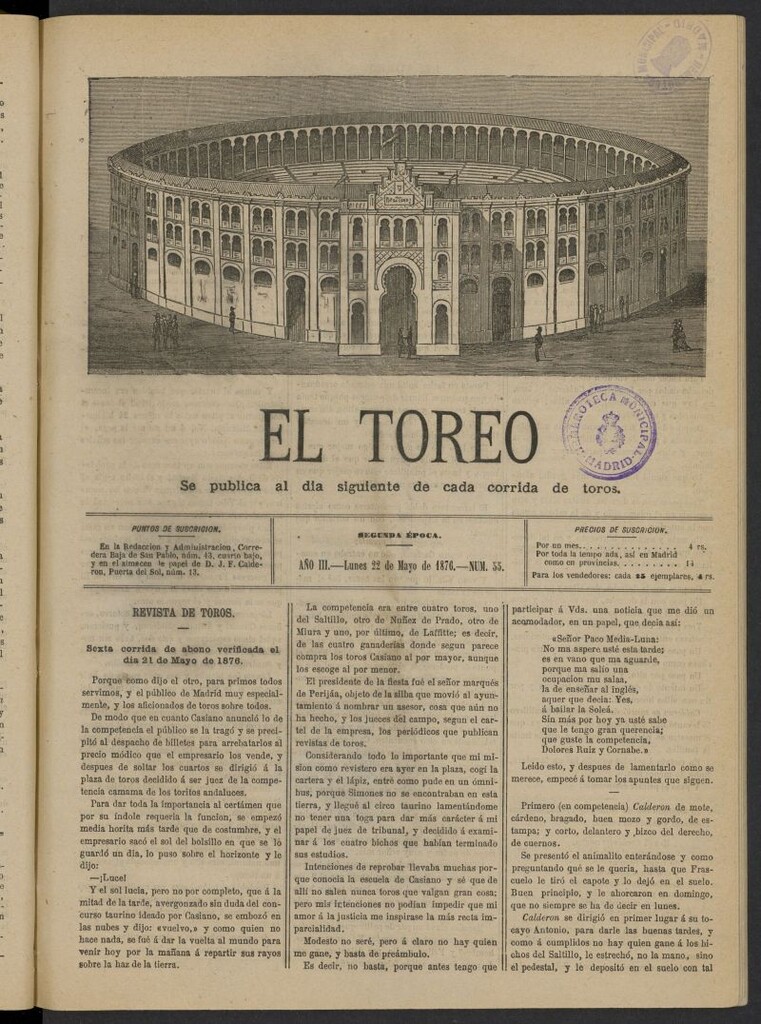 Miniatura de El Toreo: suplemento a "La Correspondencia Teatral" del 22 de mayo de 1876, nº 55