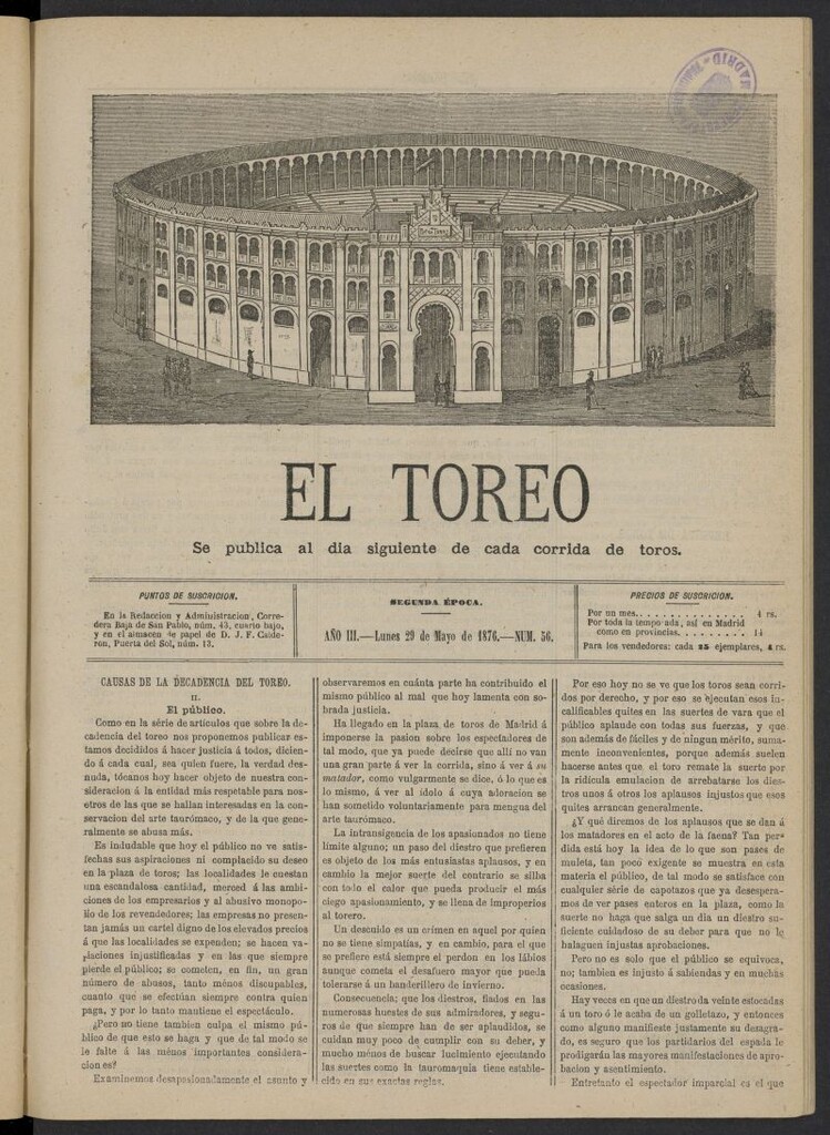 Miniatura de El Toreo: suplemento a "La Correspondencia Teatral" del 29 de mayo de 1876, nº 56