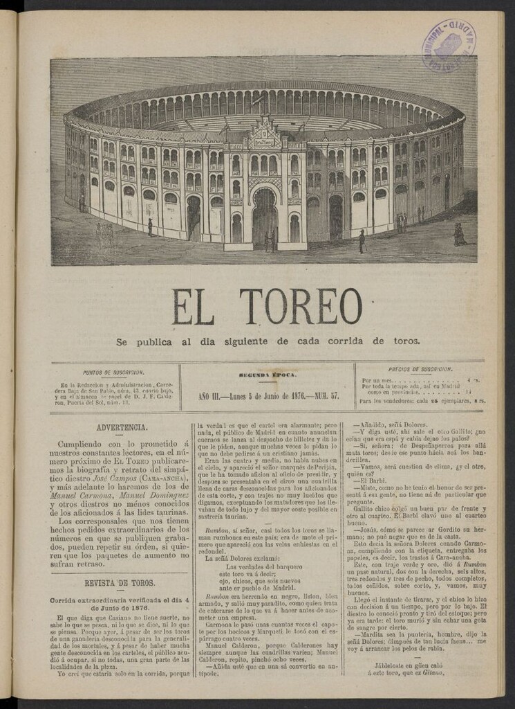 Miniatura de El Toreo: suplemento a "La Correspondencia Teatral" del 5 de junio de 1876, nº 57
