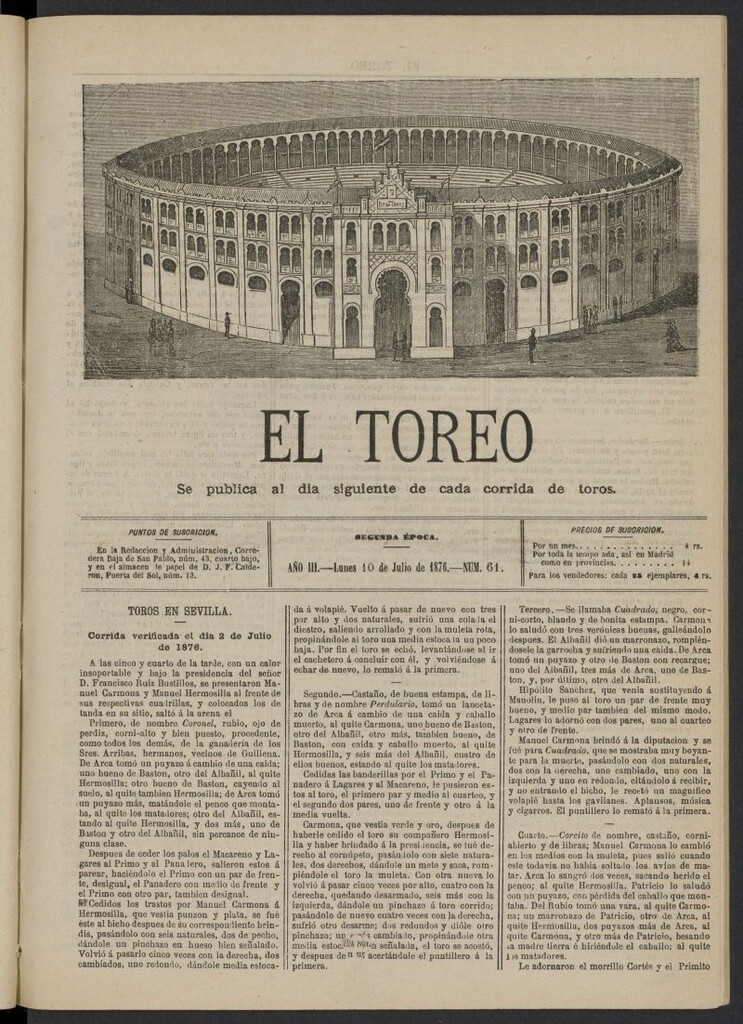 Miniatura de El Toreo: suplemento a "La Correspondencia Teatral" del 10 de julio de 1876, nº 61