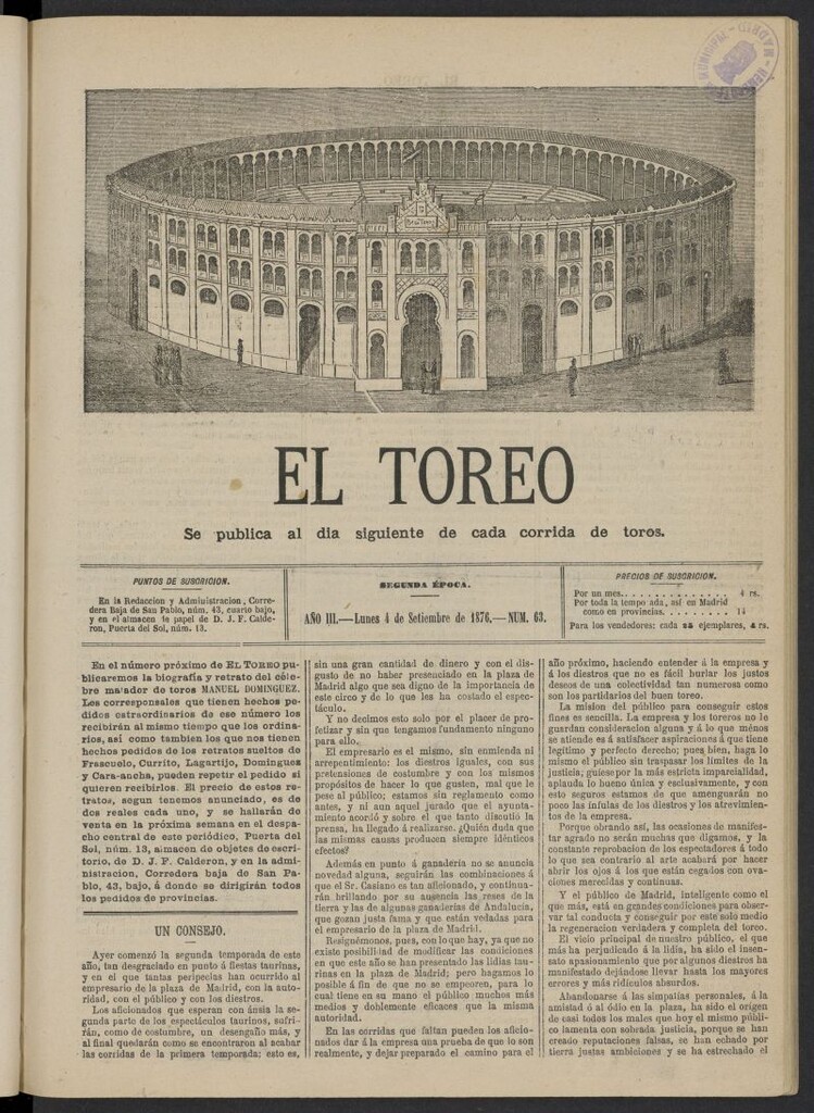 Miniatura de El Toreo: suplemento a "La Correspondencia Teatral" del 4 de septiembre de 1876, nº 63