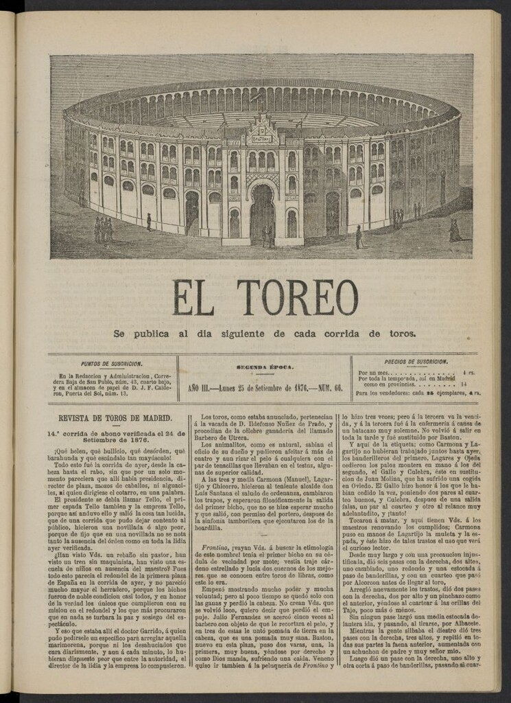 Miniatura de El Toreo: suplemento a "La Correspondencia Teatral" del 25 de septiembre de 1876, nº 66