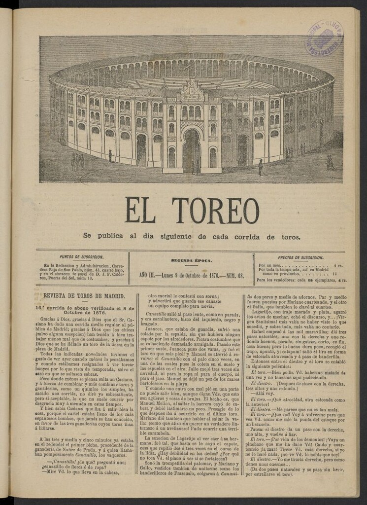 Miniatura de El Toreo: suplemento a "La Correspondencia Teatral" del 9 de octubre de 1876, nº 68