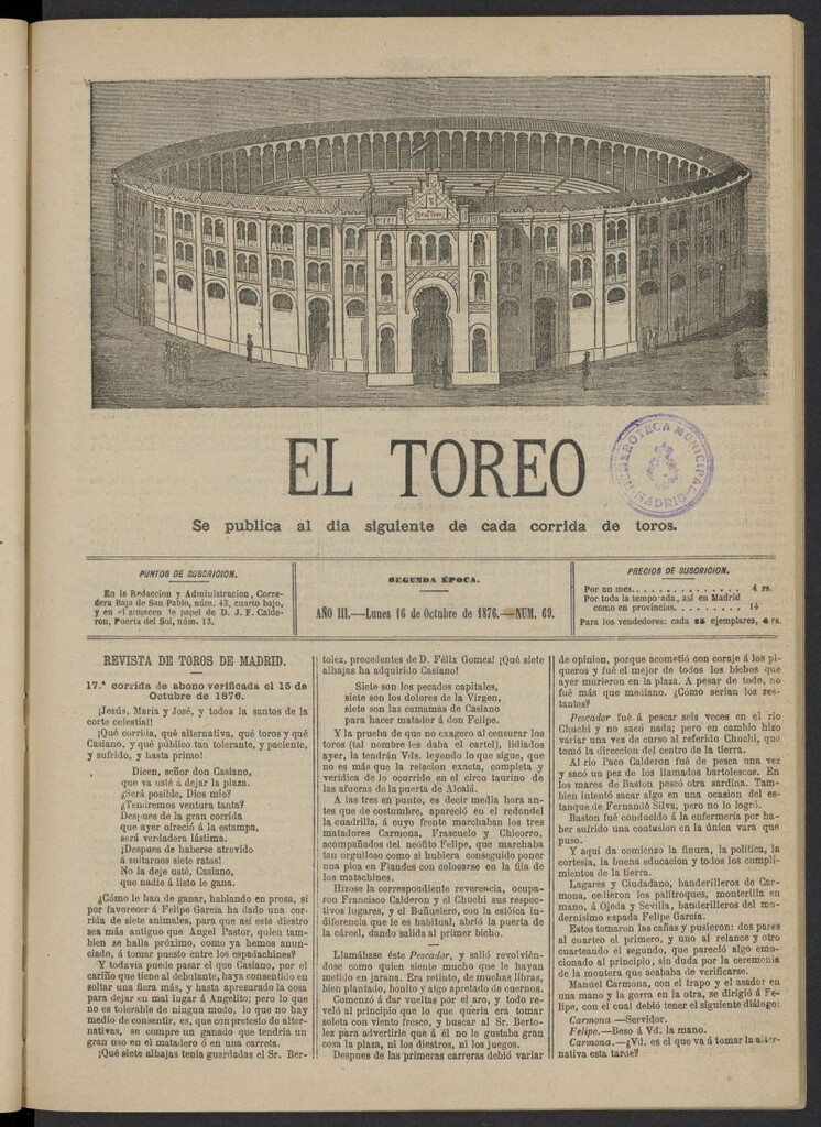 Miniatura de El Toreo: suplemento a "La Correspondencia Teatral" del 16 de octubre de 1876, nº 69