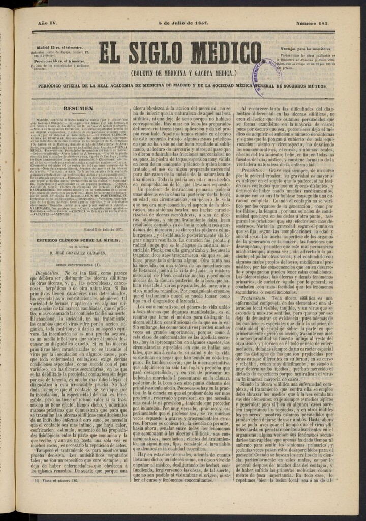 Miniatura de El Siglo Médico: boletín de medicina y gaceta médica del 5 de julio de 1857, nº 183