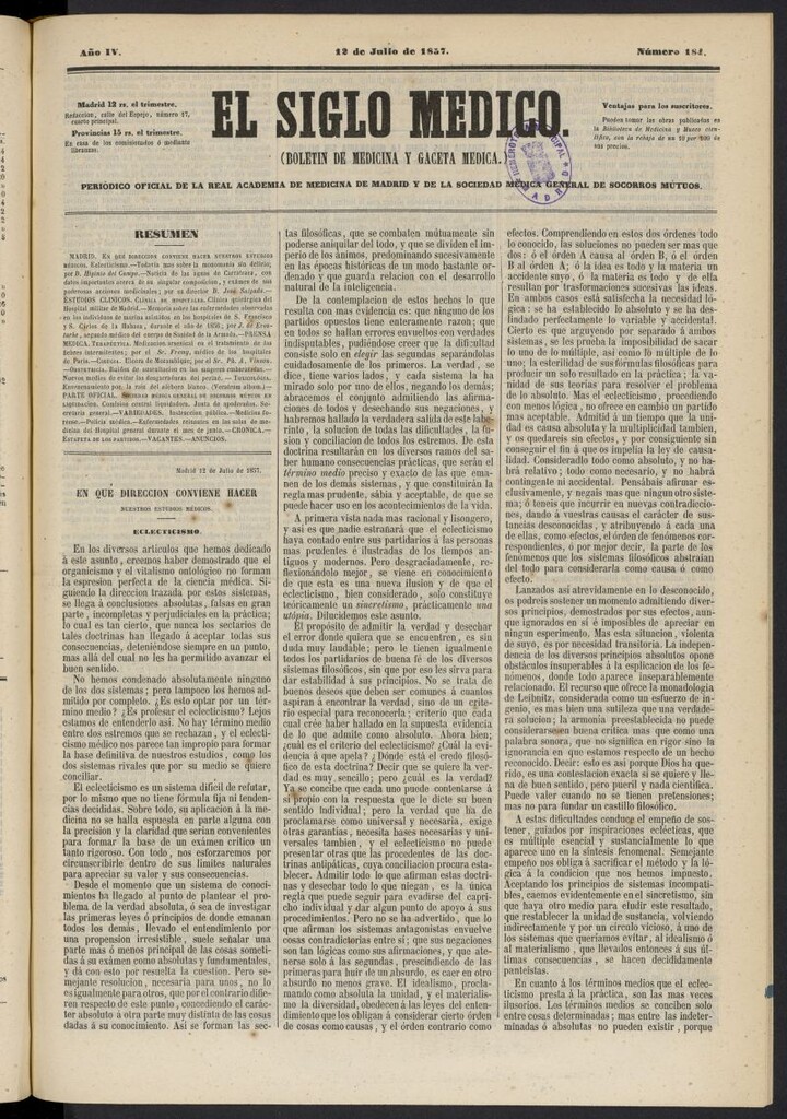 Miniatura de El Siglo Médico: boletín de medicina y gaceta médica del 12 de julio de 1857, nº 184