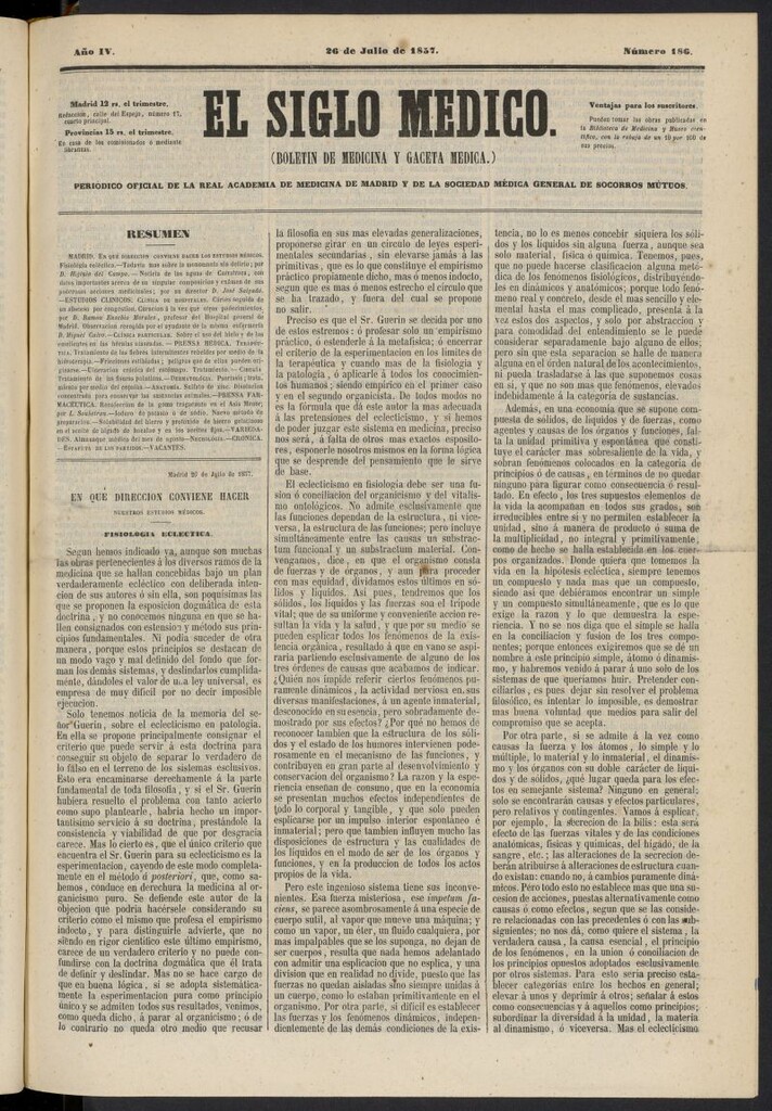 Miniatura de El Siglo Médico: boletín de medicina y gaceta médica del 26 de julio de 1857, nº 186
