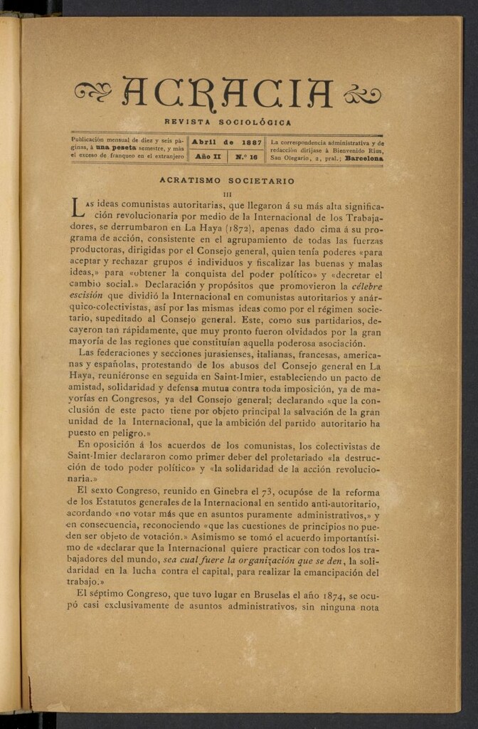 Miniatura de Acracia de abril de 1887, nº 16