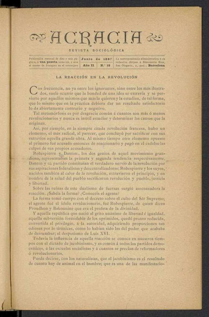 Miniatura de Acracia de junio de 1887, nº 18
