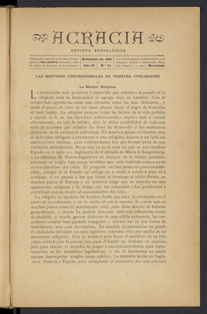 Miniatura de Acracia de septiembre de 1887, nº 21