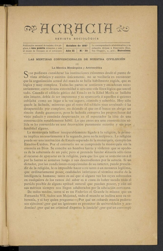 Miniatura de Acracia de octubre de 1887, nº 22
