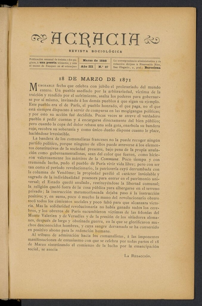 Miniatura de Acracia de marzo de 1888, nº 27