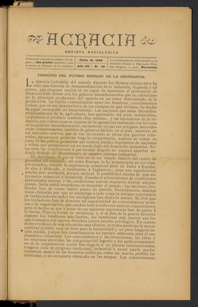 Miniatura de Acracia de junio de 1888, nº 30