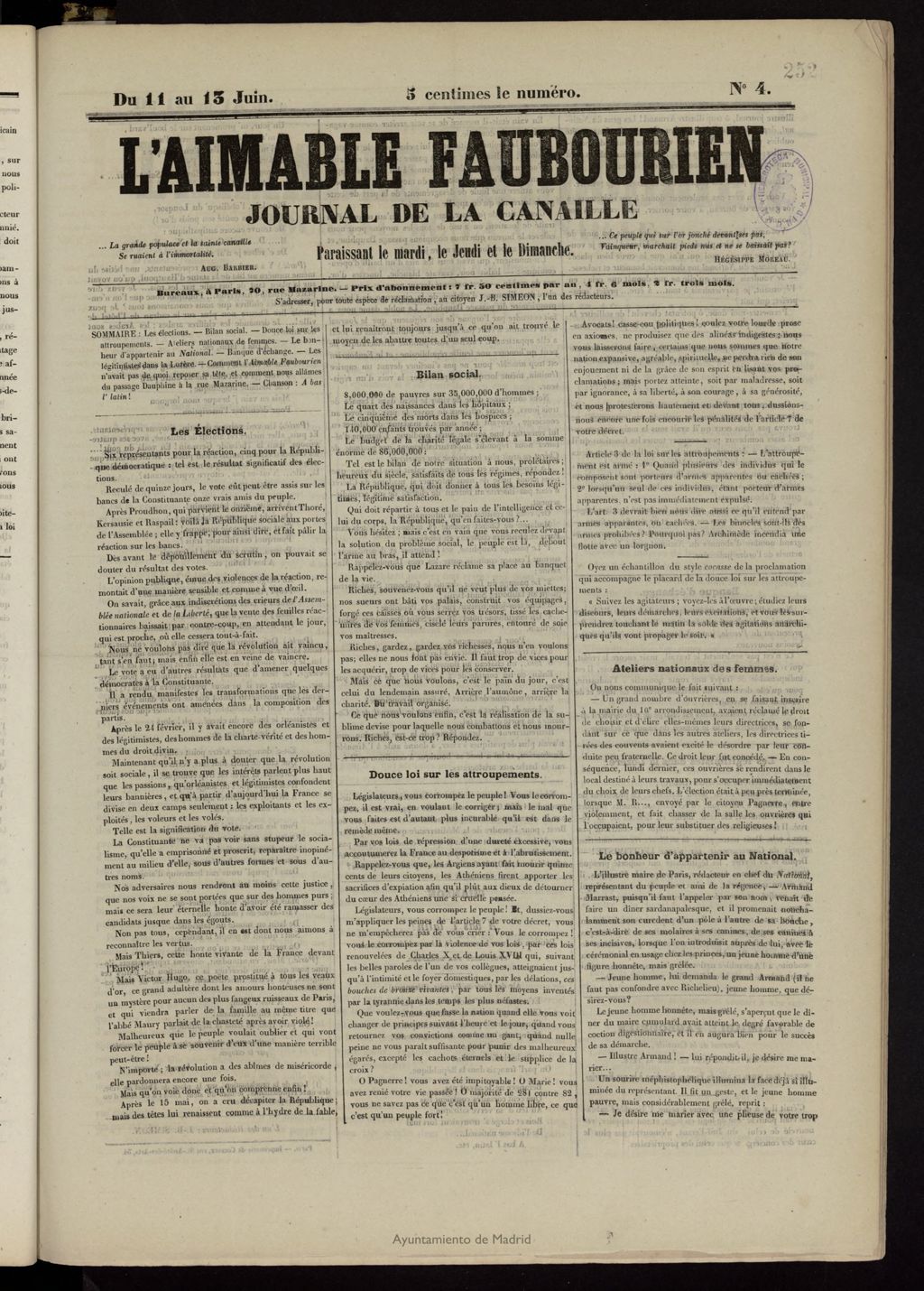 Miniatura de L´Aimable Faubourien: journal de la canaille del 11 de junio de 1848, nº 4