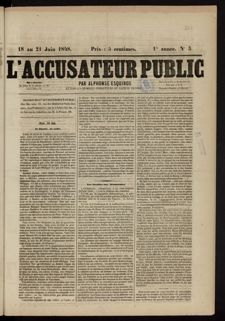Miniatura de L´Accusateur Public par Alphonse Esquirosdel 18 de junio de 1848, nº 3