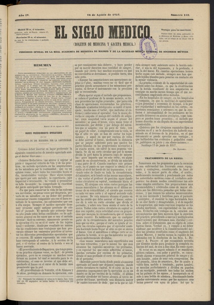 Miniatura de El Siglo Médico: boletín de medicina y gaceta médica del 16 de agosto de 1857, nº 189