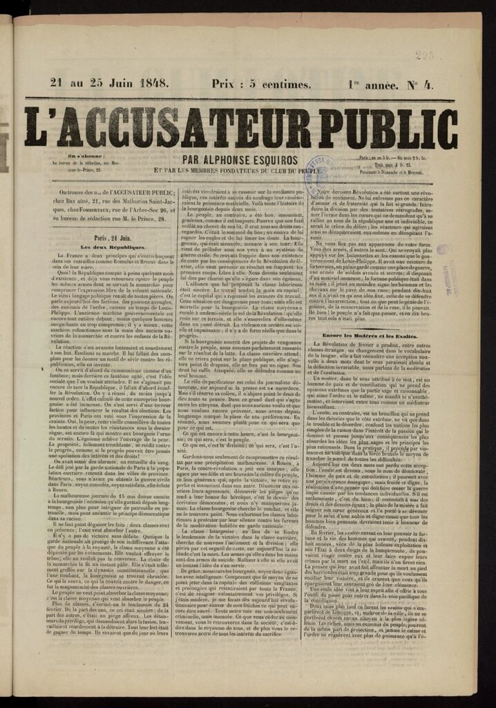 Miniatura de L´Accusateur Public par Alphonse Esquiros del 21 de junio de 1848, nº 4