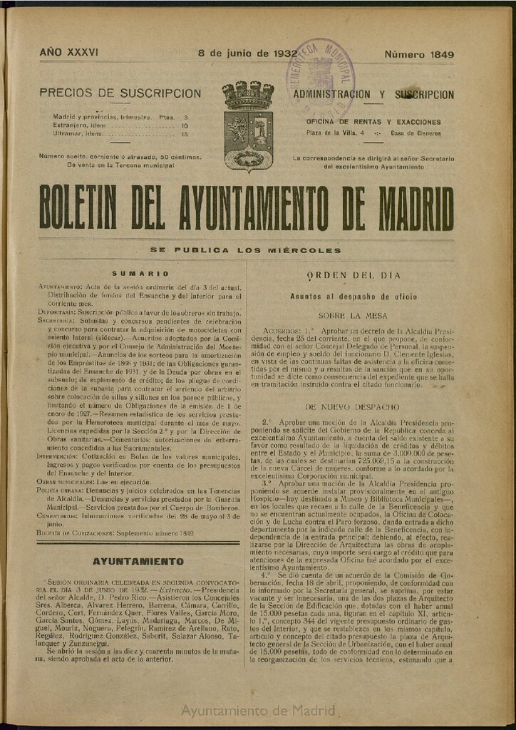 Miniatura de Boletín Oficial del Ayuntamiento de Madrid del 8 de junio de 1932, nº 1849