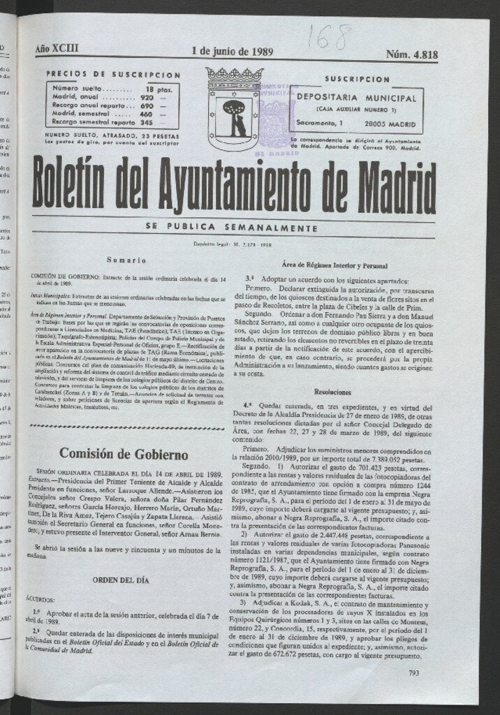 Miniatura de Boletín del Ayuntamiento de Madrid del 1 de junio de 1989